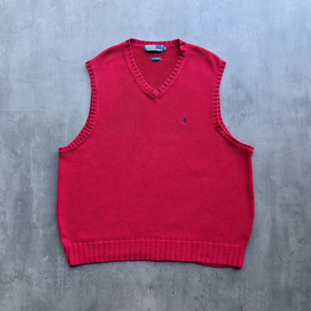 Vtg 90s Polo Ralph Lauren Sweater Vest Mens XL Red Cotton Knit V-Neck Hong Kong